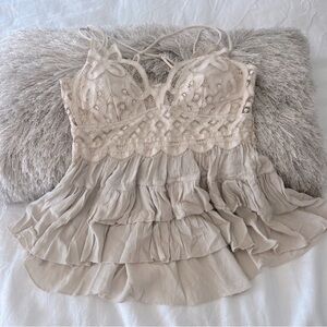 Zenana Outfitters Cream Lace Ruffle Top